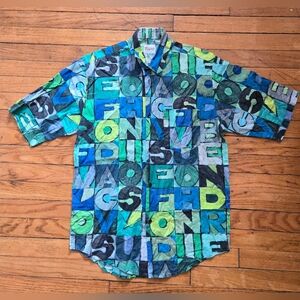 Vtg Benetton S Green Color Block Short Sleeve Button Up Shirt Made in Italy